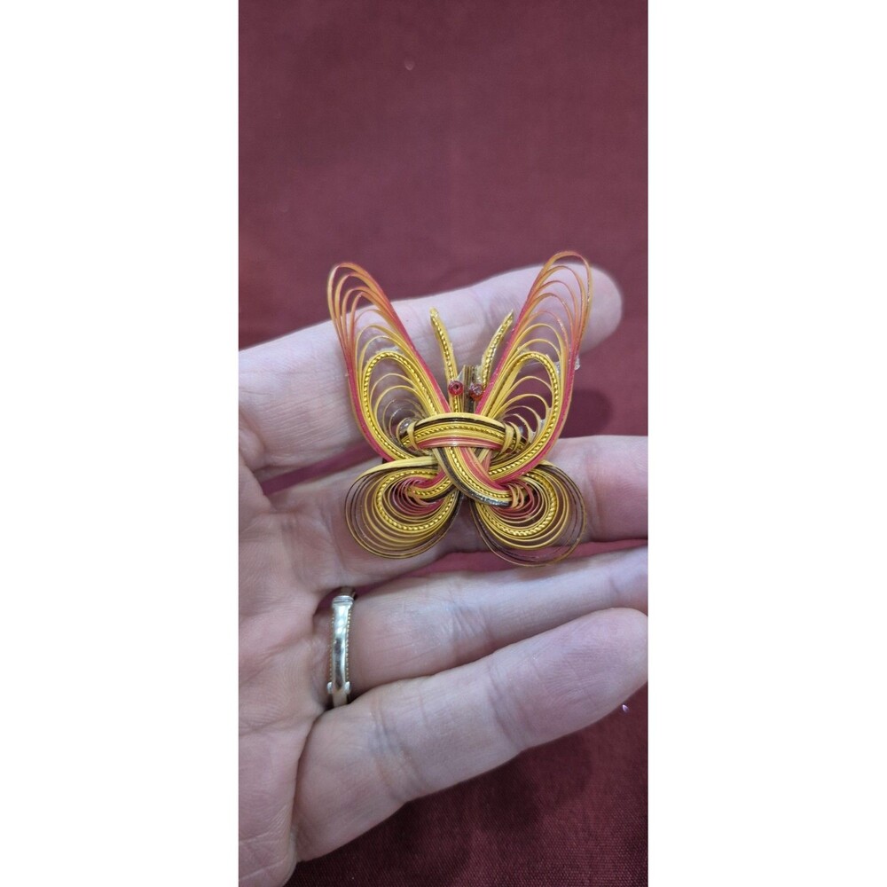 Vintage Rainbow Butterfly Brooch Pin Bamboo Woven 2" H  x 1 1/2" W Quilled EUC